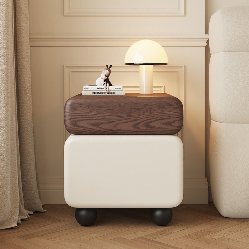 Traditional Chinese Faux Leather Solid Wood Rounded Square Nightstand 2-Drawer For Bedroom