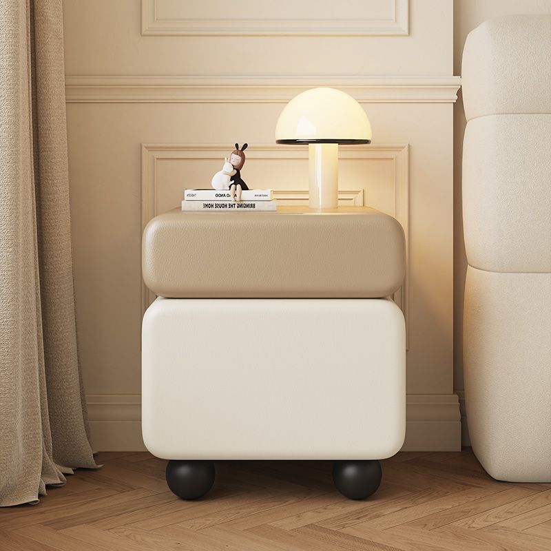 Traditional Chinese Faux Leather Solid Wood Rounded Square Nightstand 2-Drawer For Bedroom