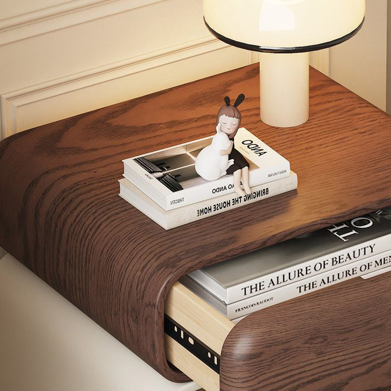 Traditional Chinese Faux Leather Solid Wood Rounded Square Nightstand 2-Drawer For Bedroom