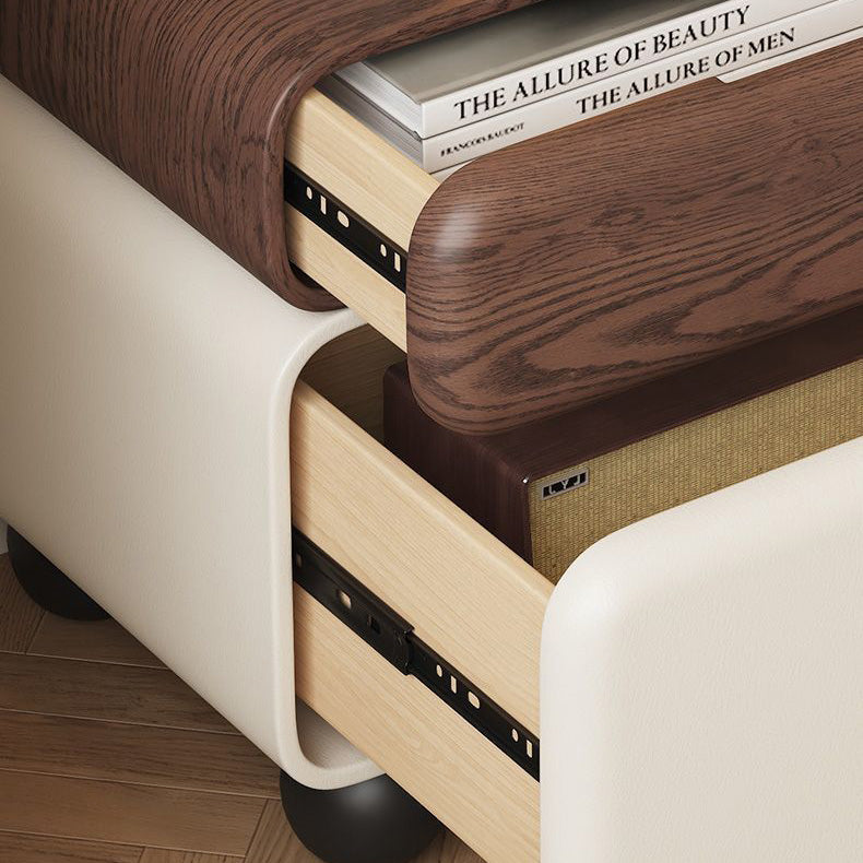 Traditional Chinese Faux Leather Solid Wood Rounded Square Nightstand 2-Drawer For Bedroom