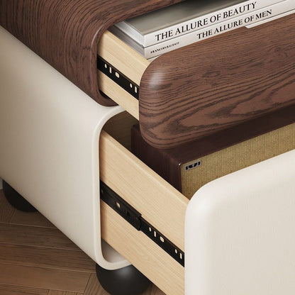 Traditional Chinese Faux Leather Solid Wood Rounded Square Nightstand 2-Drawer For Bedroom