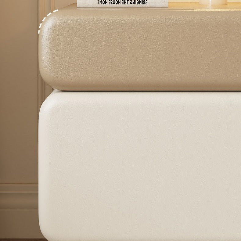 Traditional Chinese Faux Leather Solid Wood Rounded Square Nightstand 2-Drawer For Bedroom