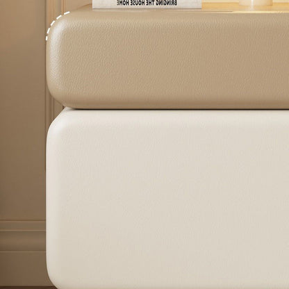 Traditional Chinese Faux Leather Solid Wood Rounded Square Nightstand 2-Drawer For Bedroom