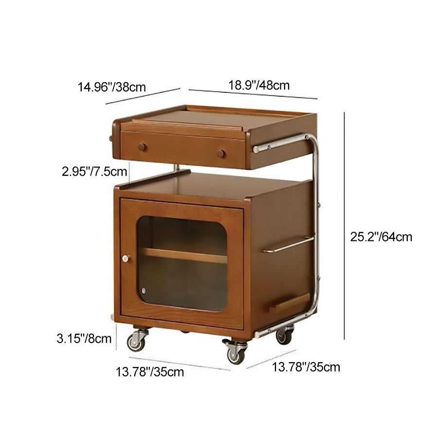 Traditional Chinese Wood Glass Stainless Steel Robot-Shaped Movable Nightstand With 2-Tier For Bedroom & Living Room