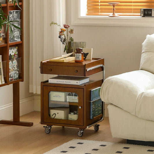 Traditional Chinese Wood Glass Stainless Steel Robot-Shaped Movable Nightstand With 2-Tier For Bedroom & Living Room