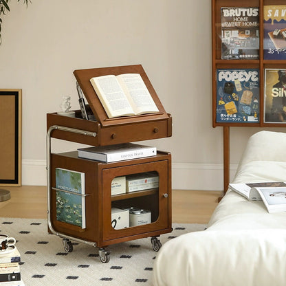 Traditional Chinese Wood Glass Stainless Steel Robot-Shaped Movable Nightstand With 2-Tier For Bedroom & Living Room