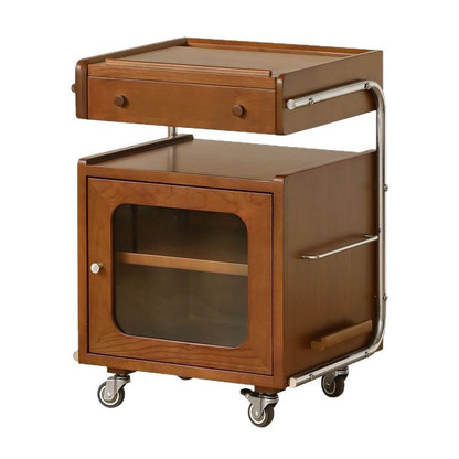 Traditional Chinese Wood Glass Stainless Steel Robot-Shaped Movable Nightstand With 2-Tier For Bedroom & Living Room