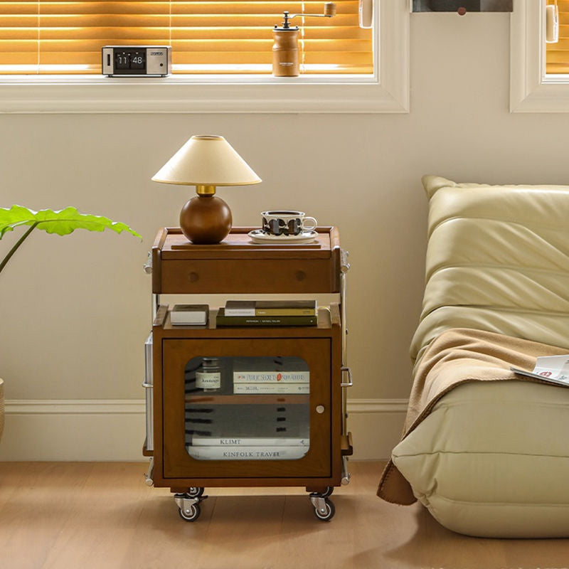 Traditional Chinese Wood Glass Stainless Steel Robot-Shaped Movable Nightstand With 2-Tier For Bedroom & Living Room