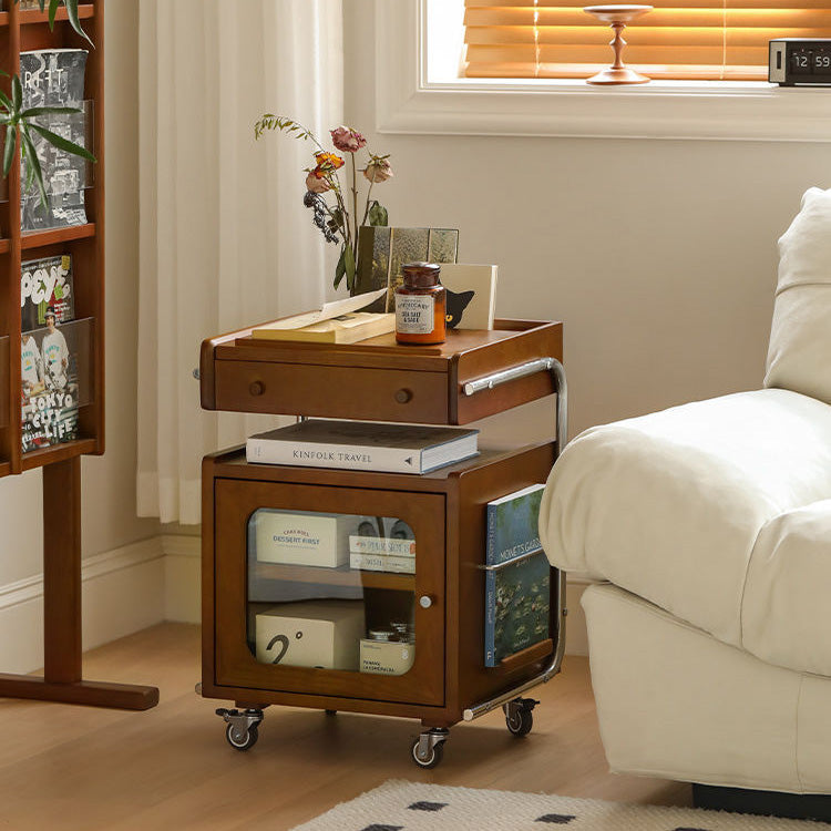 Traditional Chinese Wood Glass Stainless Steel Robot-Shaped Movable Nightstand With 2-Tier For Bedroom & Living Room