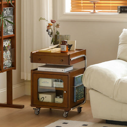 Traditional Chinese Wood Glass Stainless Steel Robot-Shaped Movable Nightstand With 2-Tier For Bedroom & Living Room