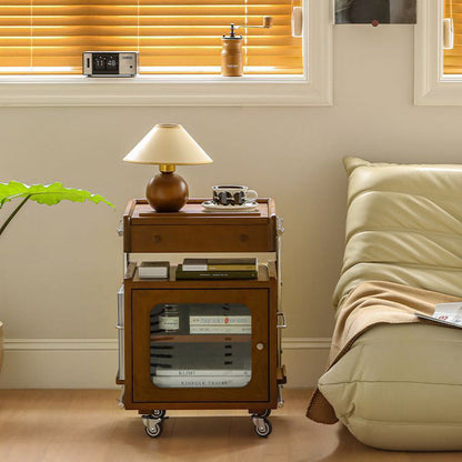 Traditional Chinese Wood Glass Stainless Steel Robot-Shaped Movable Nightstand With 2-Tier For Bedroom & Living Room