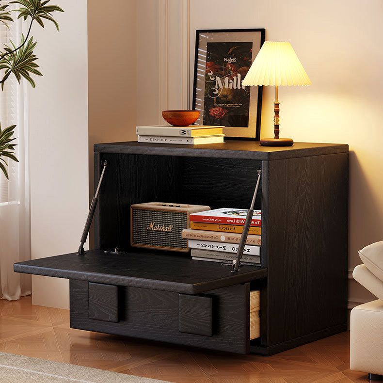 Traditional Chinese Solid Wood Square Nightstand With 2 Drawers For Bedroom