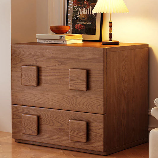 Traditional Chinese Solid Wood Square Nightstand With 2 Drawers For Bedroom