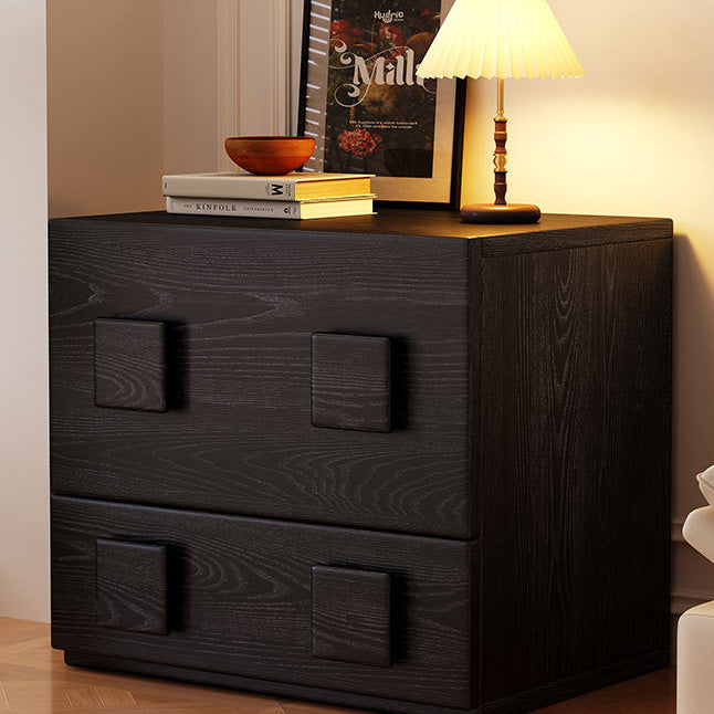 Traditional Chinese Solid Wood Square Nightstand With 2 Drawers For Bedroom