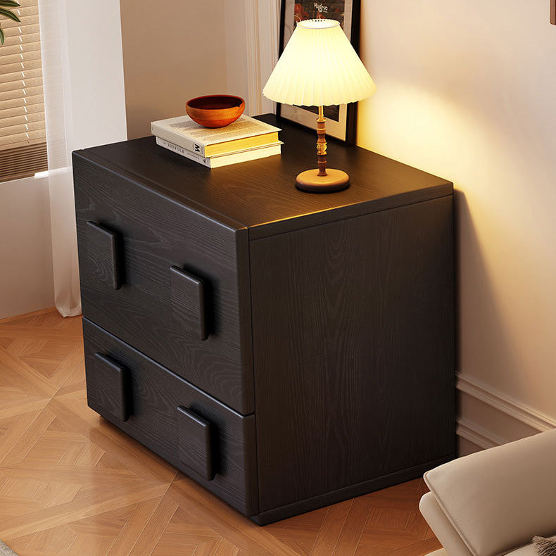 Traditional Chinese Solid Wood Square Nightstand With 2 Drawers For Bedroom