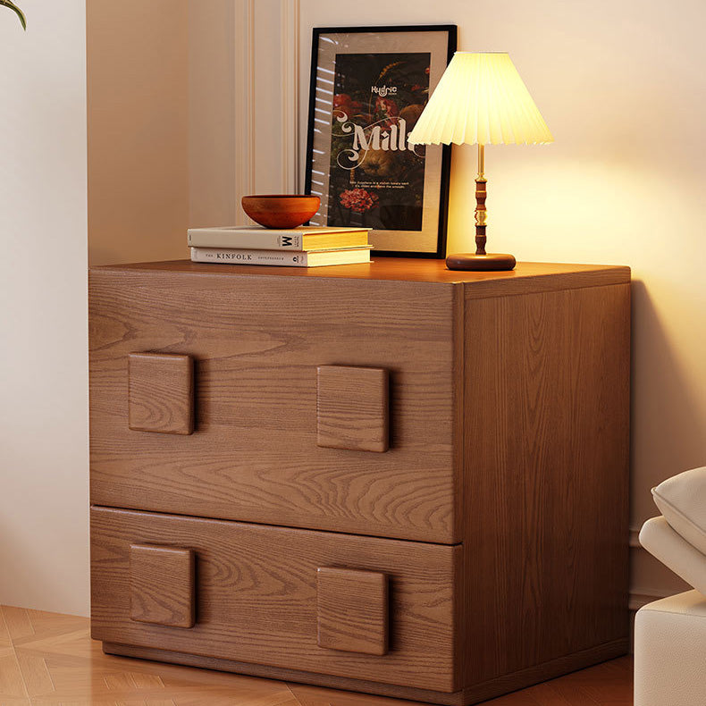 Traditional Chinese Solid Wood Square Nightstand With 2 Drawers For Bedroom