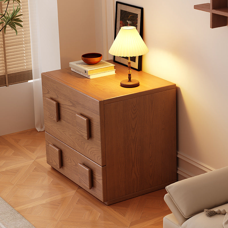 Traditional Chinese Solid Wood Square Nightstand With 2 Drawers For Bedroom