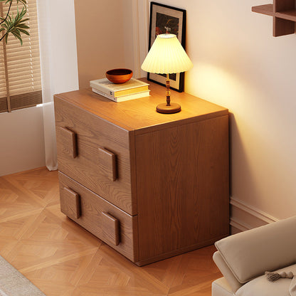 Traditional Chinese Solid Wood Square Nightstand With 2 Drawers For Bedroom