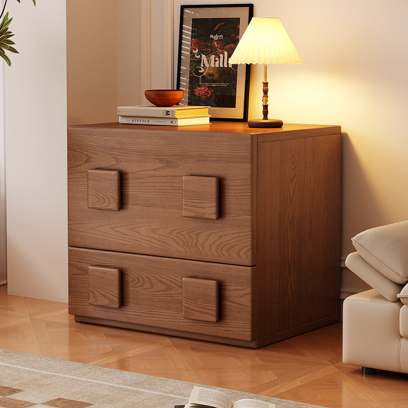 Traditional Chinese Solid Wood Square Nightstand With 2 Drawers For Bedroom