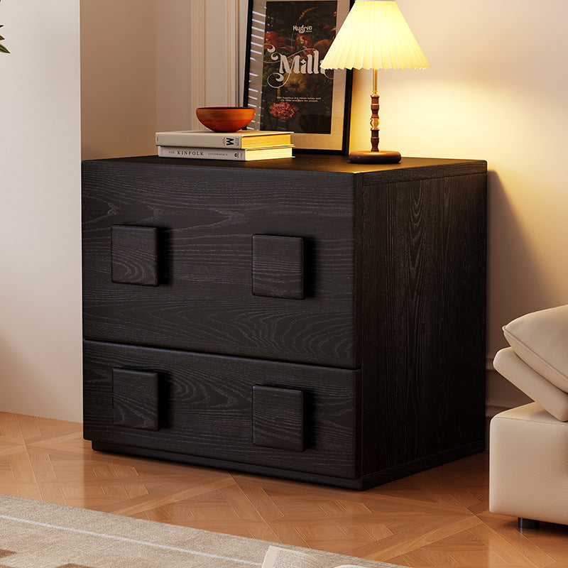 Traditional Chinese Solid Wood Square Nightstand With 2 Drawers For Bedroom