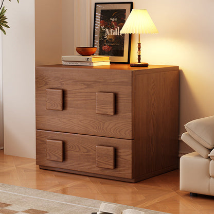 Traditional Chinese Solid Wood Square Nightstand With 2 Drawers For Bedroom