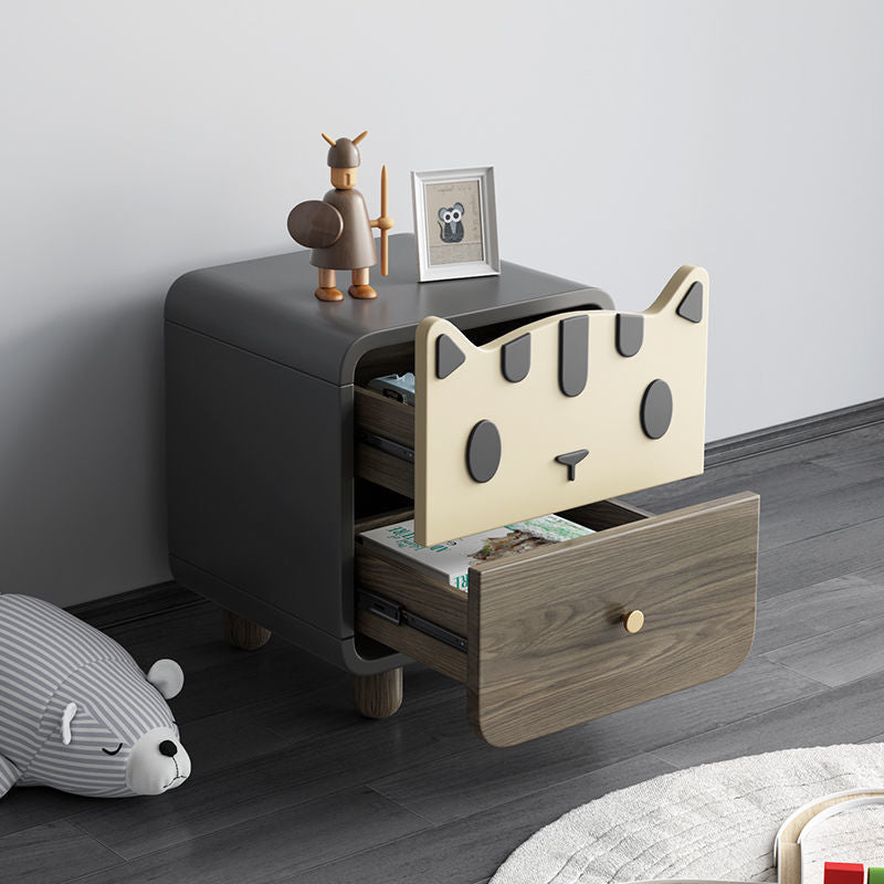 Modern Art Deco Wood Panel Solid Wood Metal Cat-Shaped Cylindrical Nightstand With 2 Drawers For Bedroom