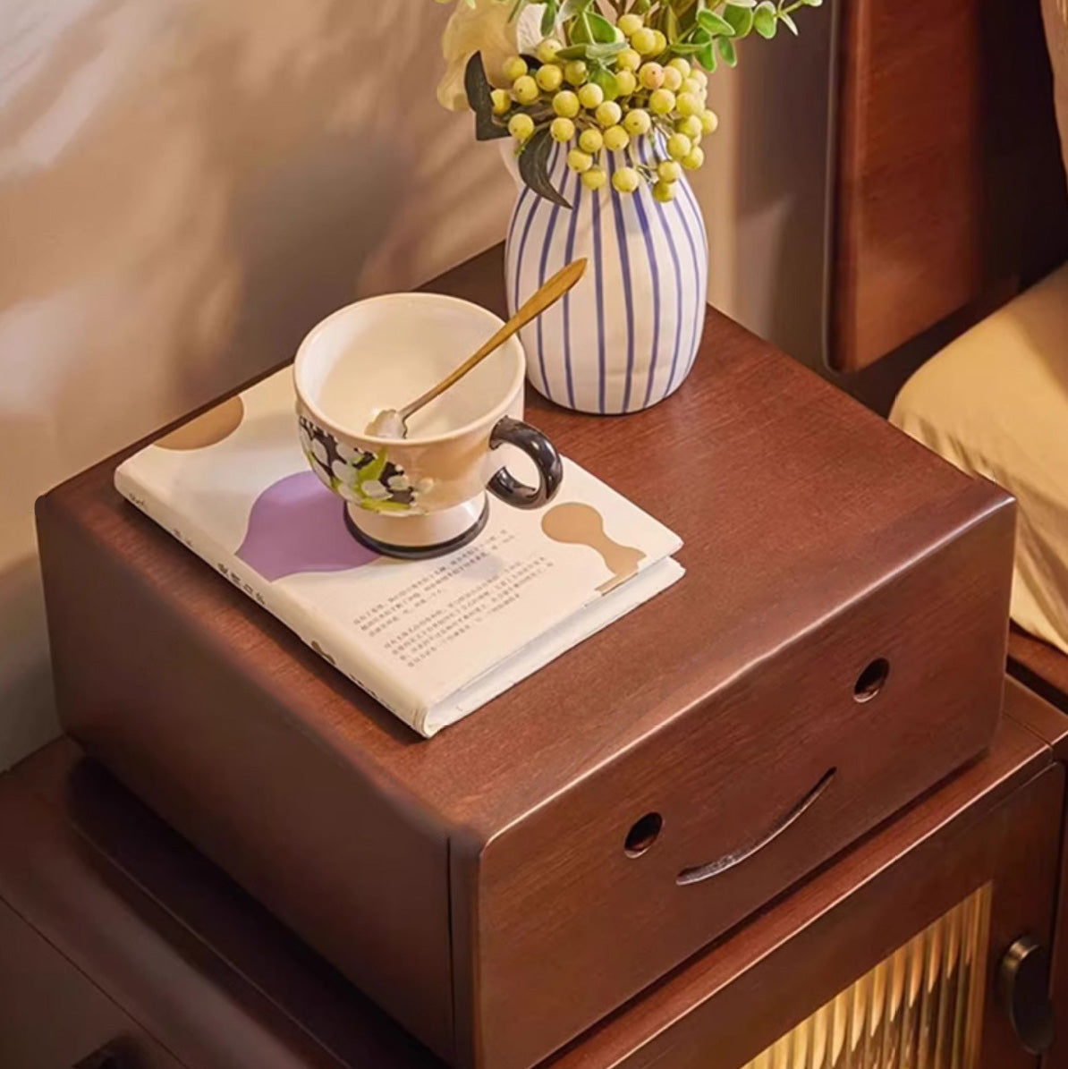 Contemporary Creative Solid Wood Glass Rounded Robot-Shaped Nightstand With 2 Storage For Bedroom & Living Room