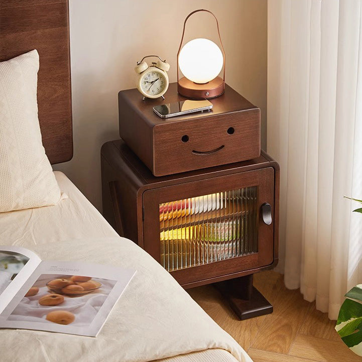 Contemporary Creative Solid Wood Glass Rounded Robot-Shaped Nightstand With 2 Storage For Bedroom & Living Room