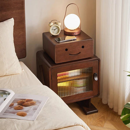 Contemporary Creative Solid Wood Glass Rounded Robot-Shaped Nightstand With 2 Storage For Bedroom & Living Room