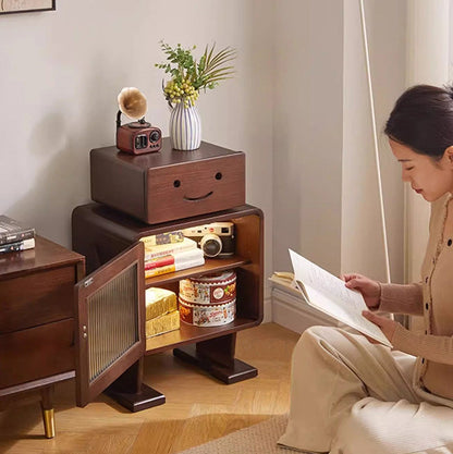 Contemporary Creative Solid Wood Glass Rounded Robot-Shaped Nightstand With 2 Storage For Bedroom & Living Room