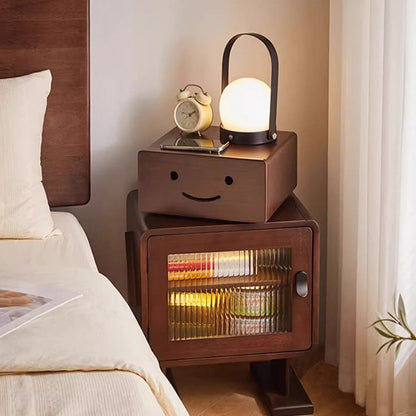 Contemporary Creative Solid Wood Glass Rounded Robot-Shaped Nightstand With 2 Storage For Bedroom & Living Room