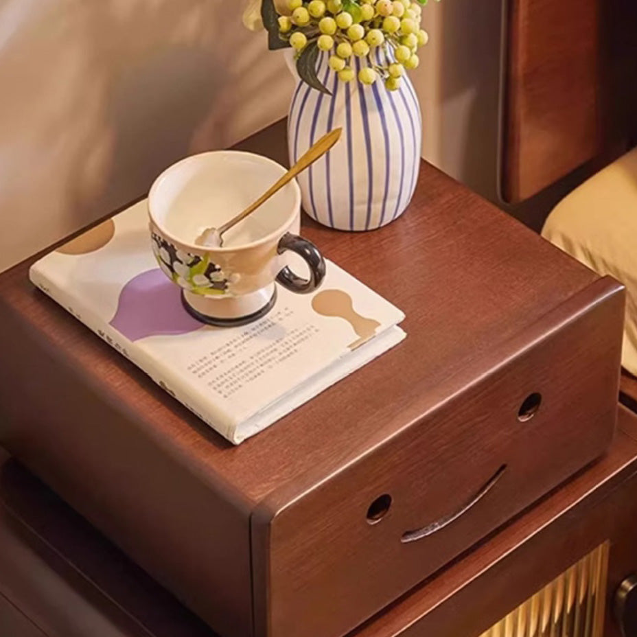 Contemporary Creative Solid Wood Glass Rounded Robot-Shaped Nightstand With 2 Storage For Bedroom & Living Room