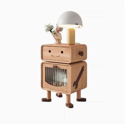 Contemporary Creative Solid Wood Glass Cylindrical Robot Nightstand With 1 Drawer For Bedroom