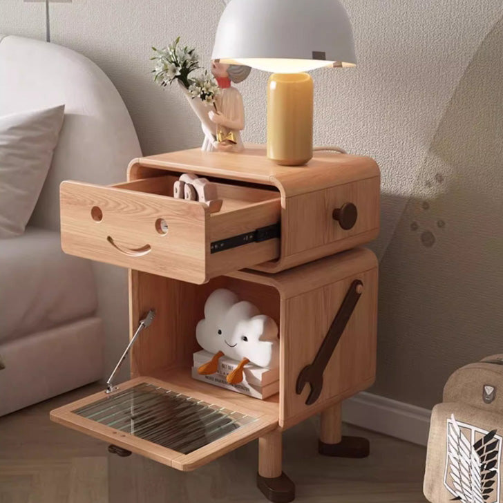 Contemporary Creative Solid Wood Glass Cylindrical Robot Nightstand With 1 Drawer For Bedroom