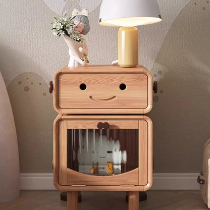 Contemporary Creative Solid Wood Glass Cylindrical Robot Nightstand With 1 Drawer For Bedroom