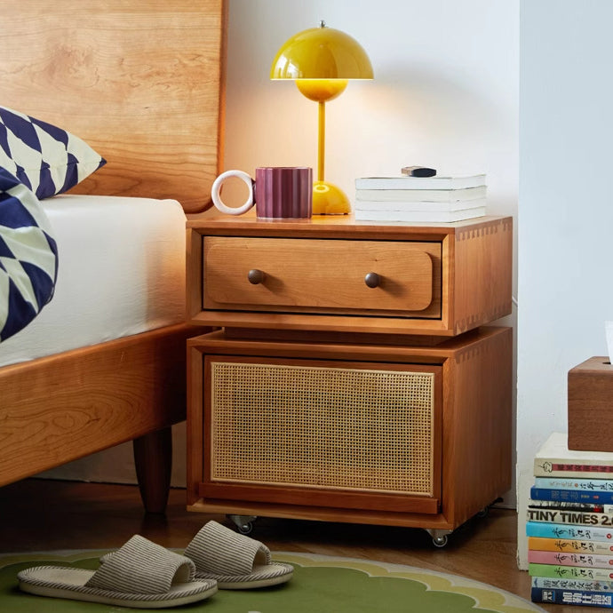 Modern Minimalist Cherry Wood Metal Robot-Shaped Nightstand With 2 Drawers For Bedroom