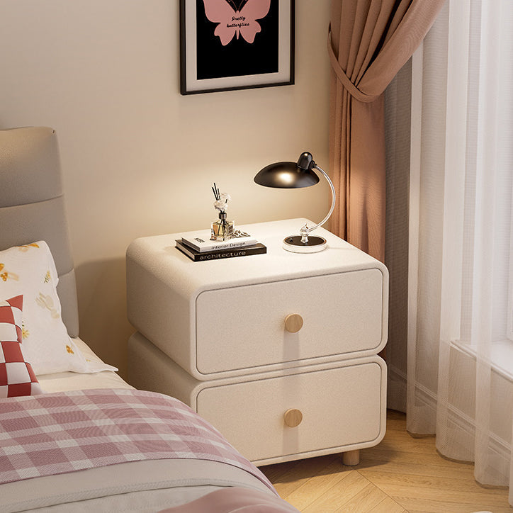 Traditional French Medium-Density Fiberboard Solid Wood Leather Rounded Nightstand With 2 Drawers For Bedroom