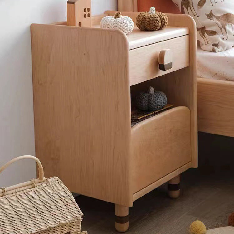 Contemporary Scandinavian Cherry Wood Rounded Rectangle Nightstand With 2 Tiers For Bedroom