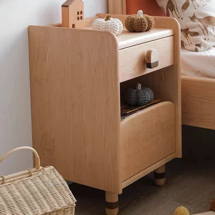 Contemporary Scandinavian Cherry Wood Rounded Rectangle Nightstand With 2 Tiers For Bedroom