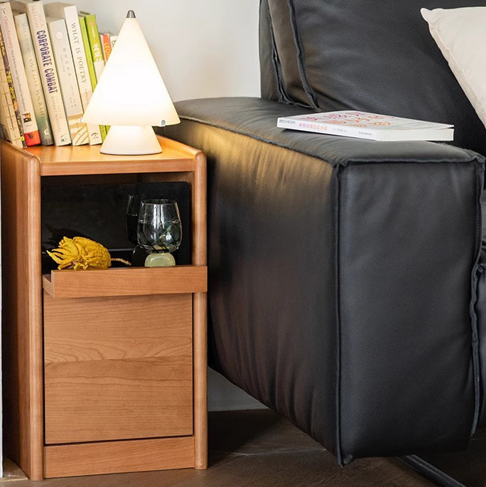 Modern Minimalist Cherry Wood Rounded Rectangle Nightstand With 2 Tiers For Bedroom