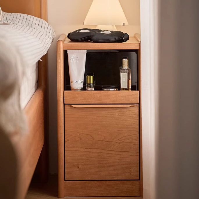 Modern Minimalist Cherry Wood Rounded Rectangle Nightstand With 2 Tiers For Bedroom