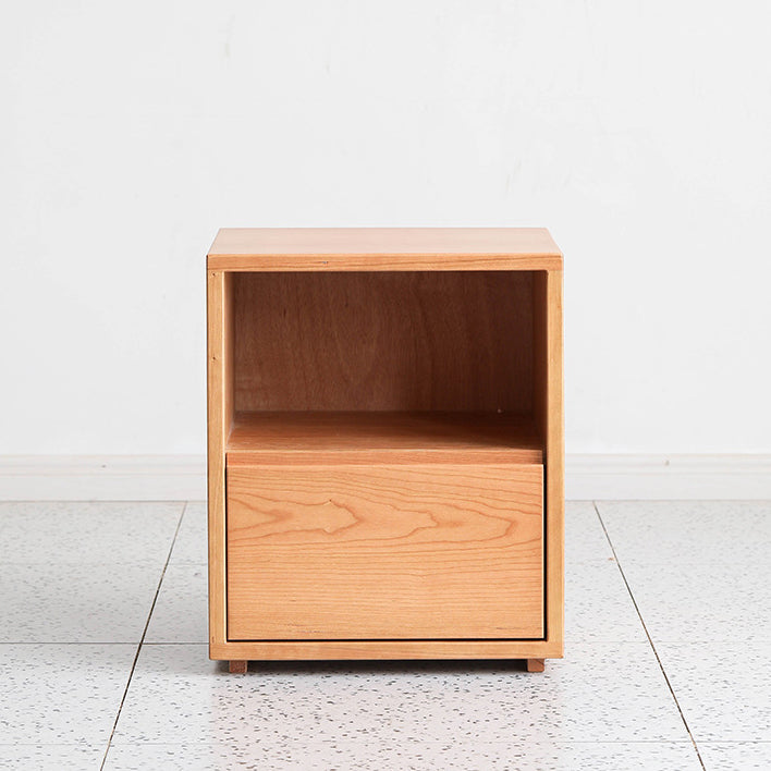 Traditional Japanese Red Oak & Black Walnut Square Nightstand With 1 Drawer For Bedroom