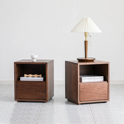 Traditional Japanese Red Oak & Black Walnut Square Nightstand With 1 Drawer For Bedroom