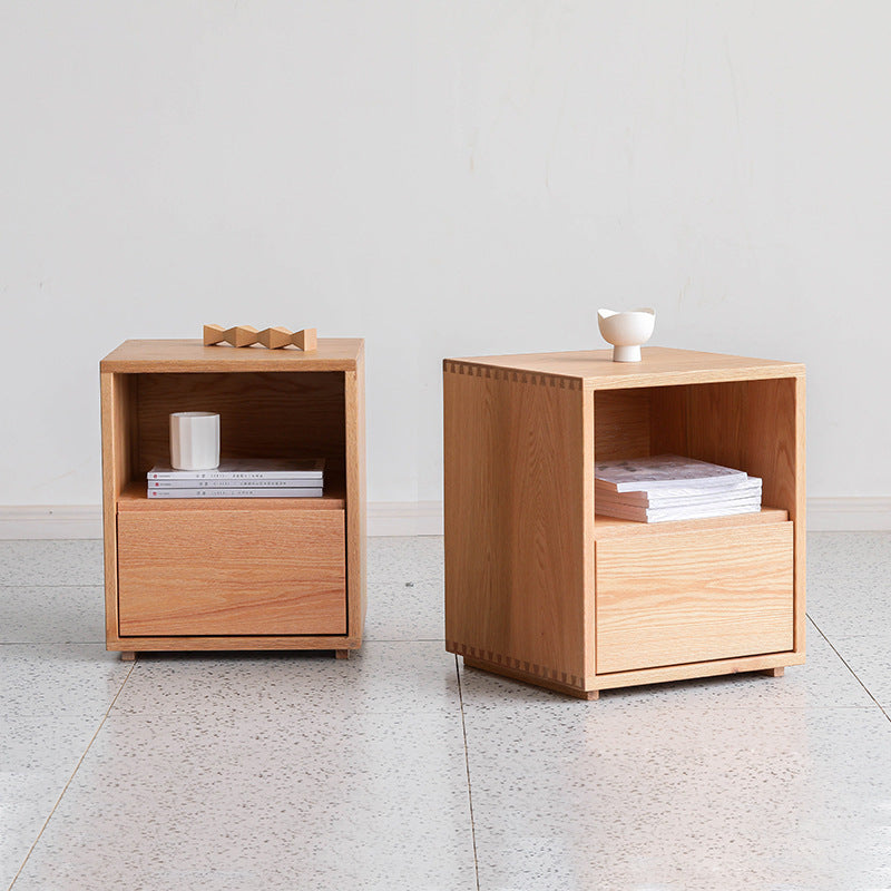 Traditional Japanese Red Oak & Black Walnut Square Nightstand With 1 Drawer For Bedroom