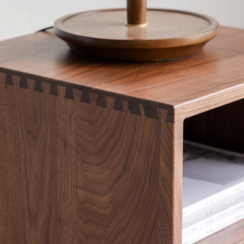 Traditional Japanese Red Oak & Black Walnut Square Nightstand With 1 Drawer For Bedroom