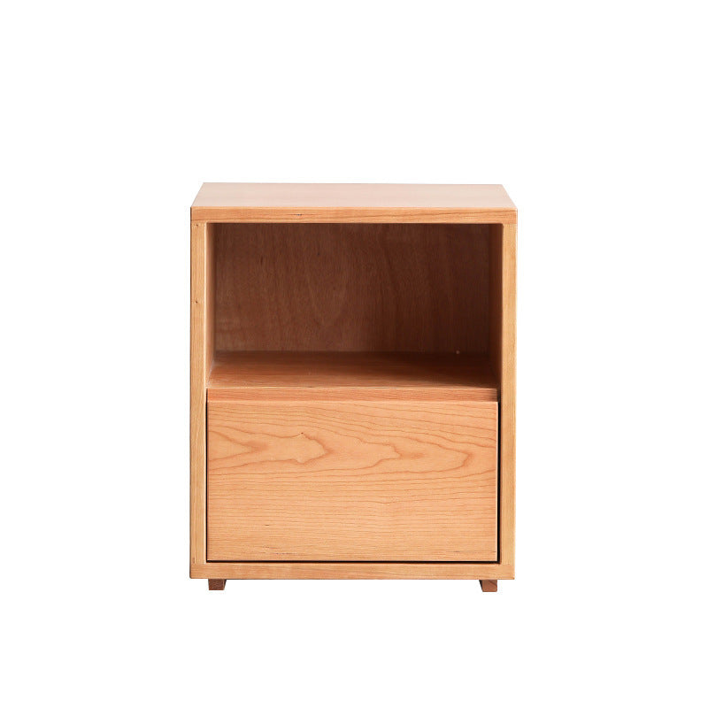 Traditional Japanese Red Oak & Black Walnut Square Nightstand With 1 Drawer For Bedroom