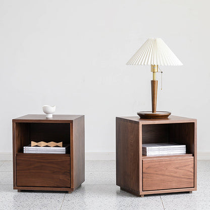 Traditional Japanese Red Oak & Black Walnut Square Nightstand With 1 Drawer For Bedroom