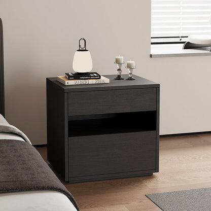Modern Minimalist Solid Wood Square Nightstand With 2 Drawers For Bedroom