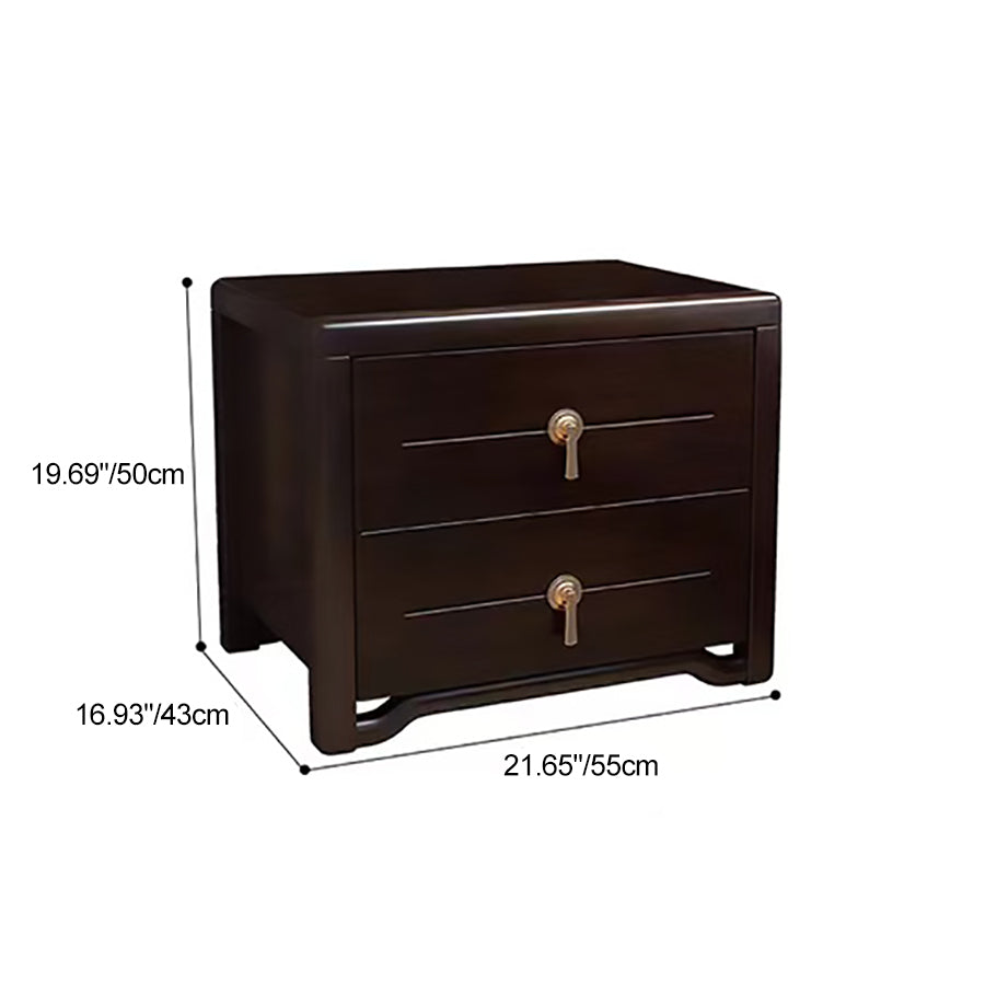 Traditional Chinese Solid Wood Brass Rounded Square Nightstand With 2 Drawers For Bedroom