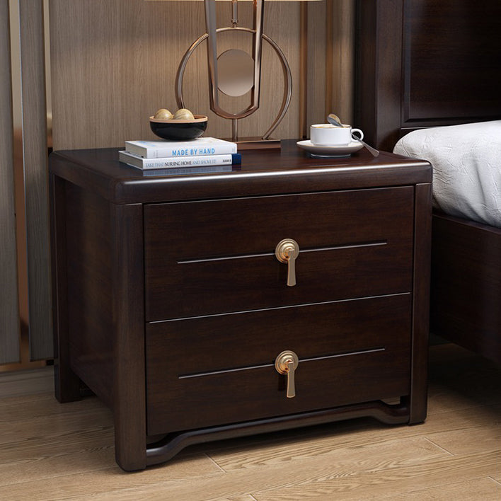 Traditional Chinese Solid Wood Brass Rounded Square Nightstand With 2 Drawers For Bedroom
